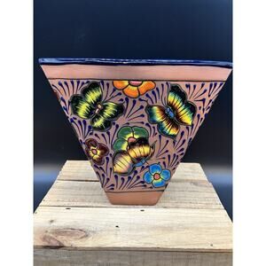Mexican Clay Vase Pottery Planter Flower Pot Butterfly Talavera